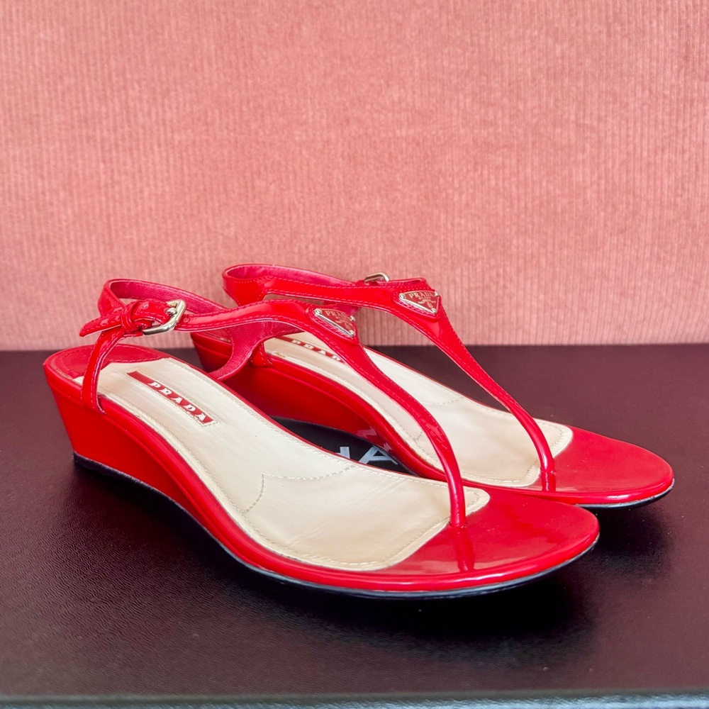 Prada Leather T-Strap Wedge Sandals in Red EU36/US6